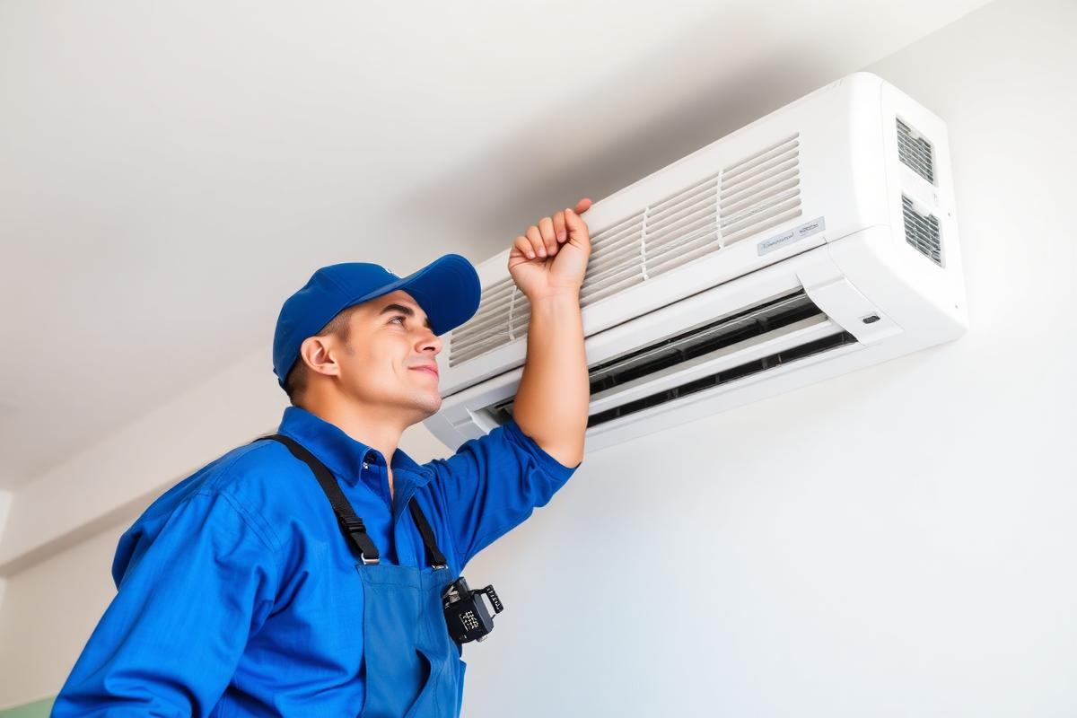Technicien AQUA CLIM installant un climatiseur mural
