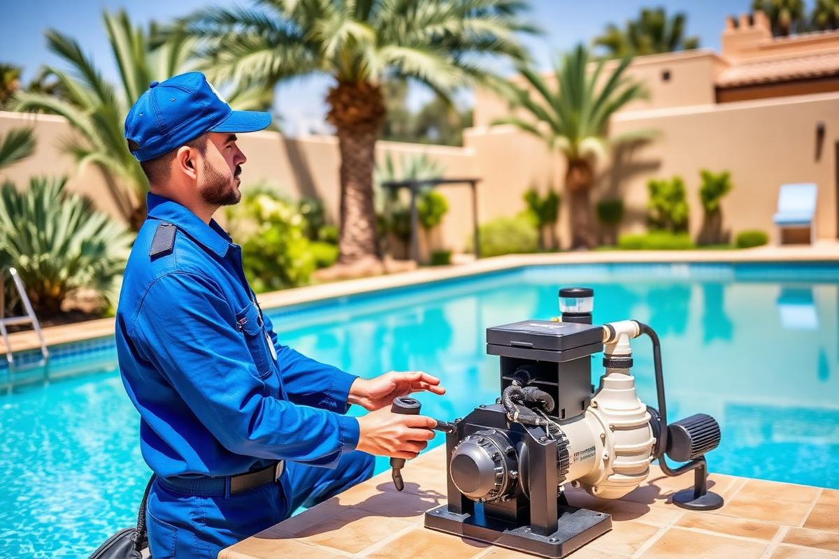 Technicien AQUA CLIM entretenant la pompe et la filtration d'une piscine